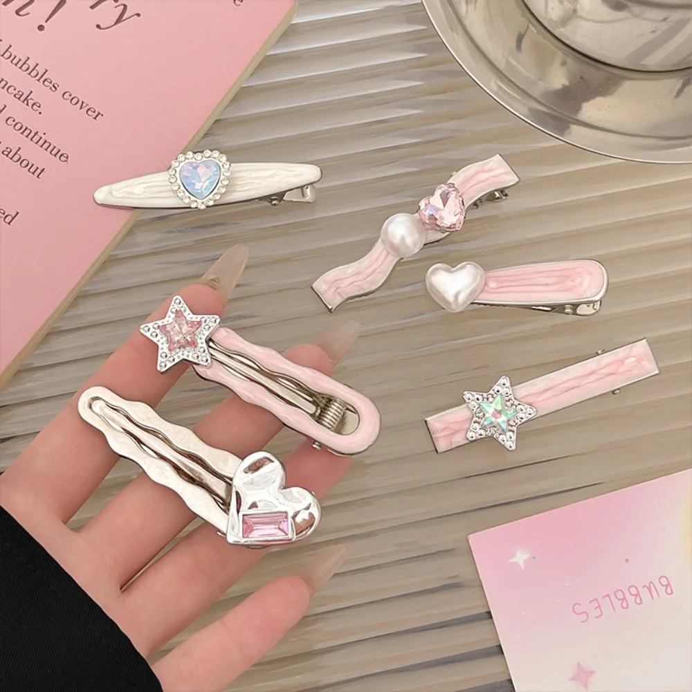 5Pcs/Set Trendy Sweet Galaxy Pink Hair Clips Cool Shiny Heart Shape Hairpins Star Pentagram Rhinestone Barrettes Women Girls