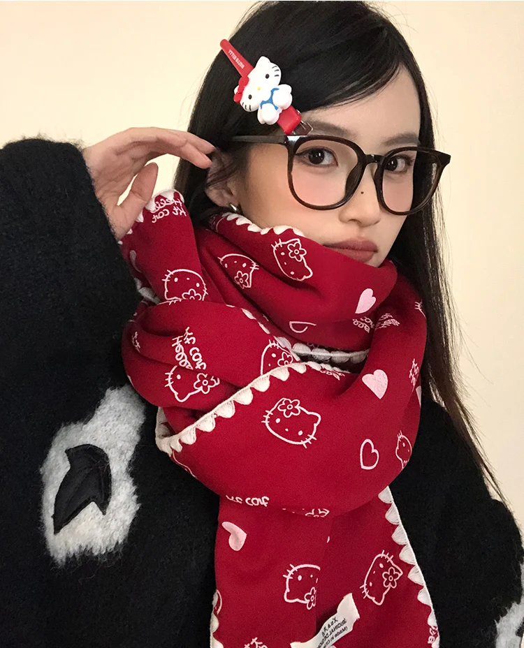 Red Cute Kitten Scarf For Women 2025 New Winter Korean Style Atmosphere Warm Scarf