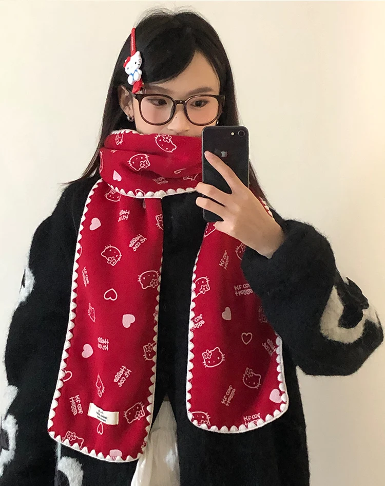 Red Cute Kitten Scarf For Women 2025 New Winter Korean Style Atmosphere Warm Scarf