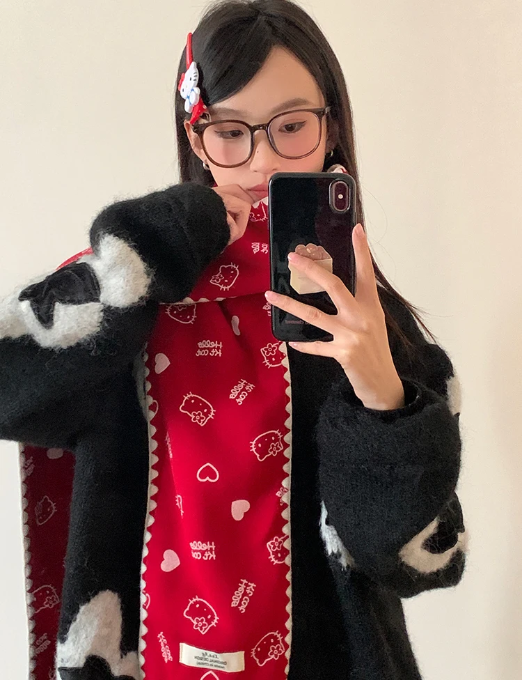 Red Cute Kitten Scarf For Women 2025 New Winter Korean Style Atmosphere Warm Scarf