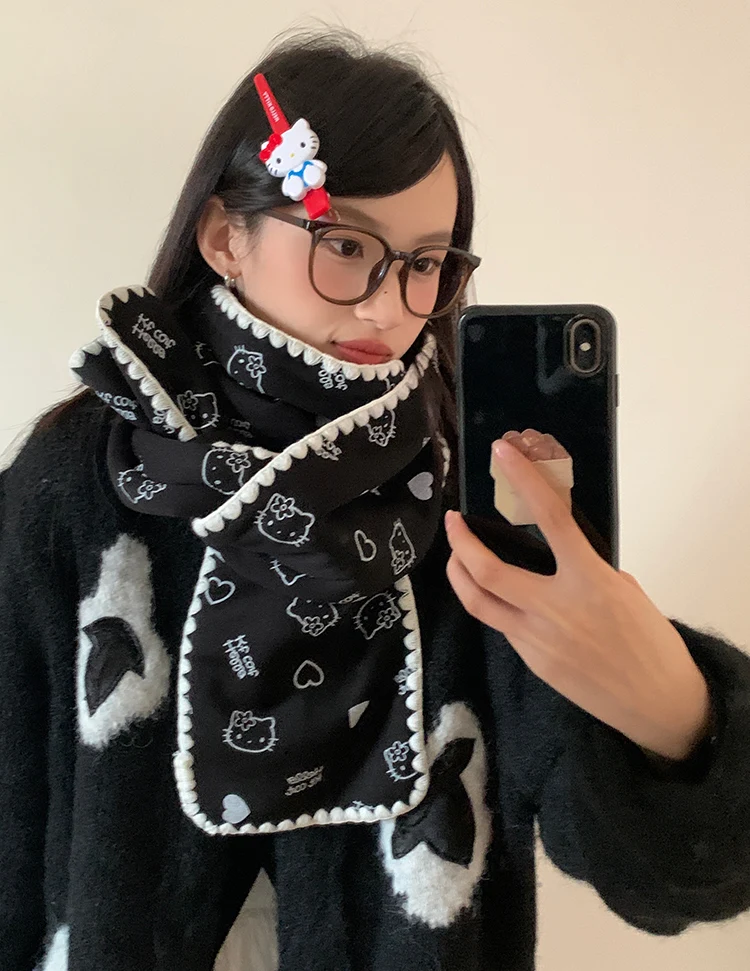 Red Cute Kitten Scarf For Women 2025 New Winter Korean Style Atmosphere Warm Scarf