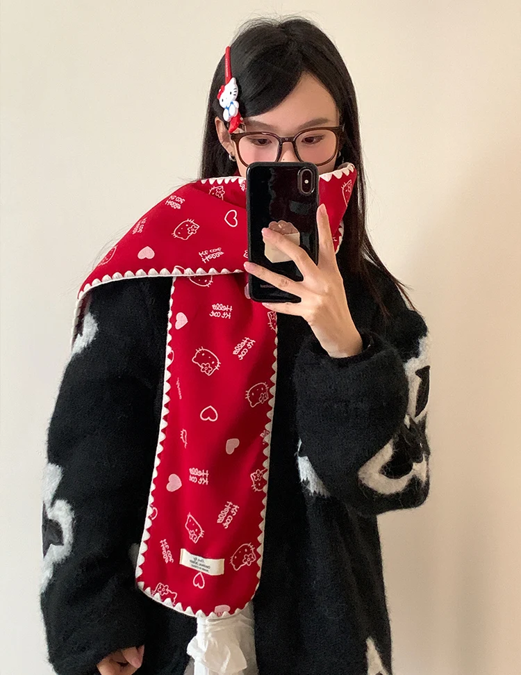 Red Cute Kitten Scarf For Women 2025 New Winter Korean Style Atmosphere Warm Scarf