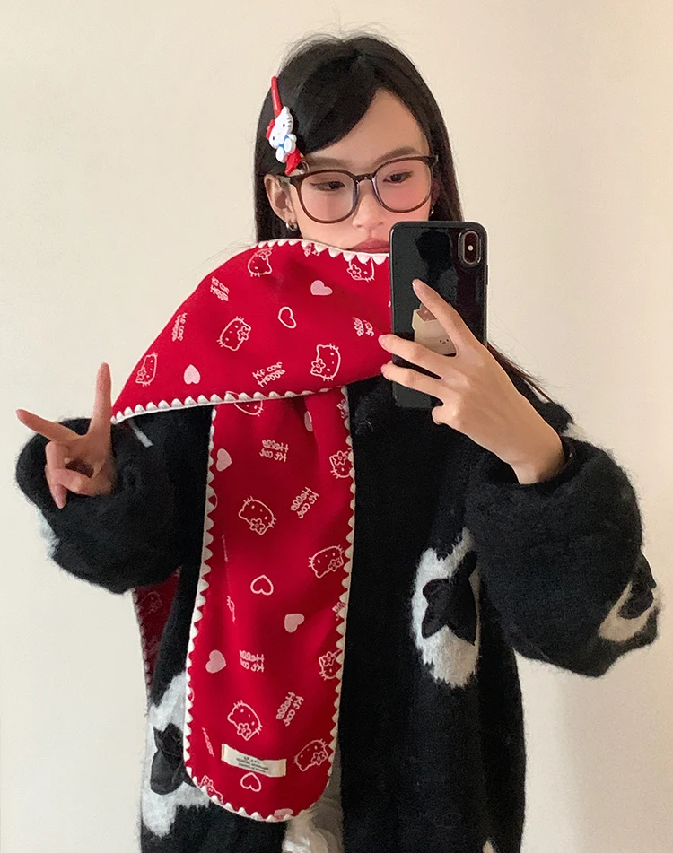 Red Cute Kitten Scarf For Women 2025 New Winter Korean Style Atmosphere Warm Scarf