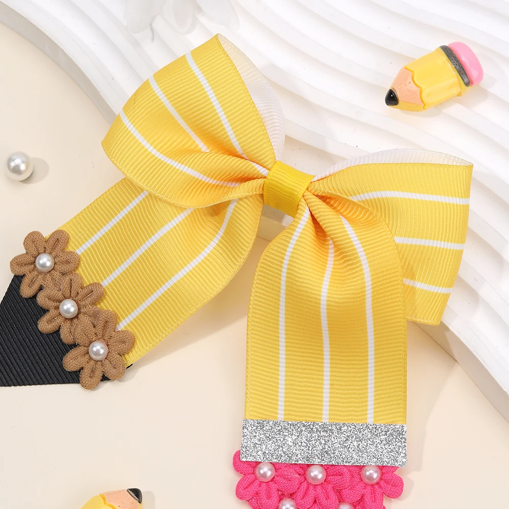 1/2Pcs Flower Pencil Bow Hair Clips Cute Sweet Back To School Ribbon Hairpins Hair Accessories For Girls Kids Daily Headwear