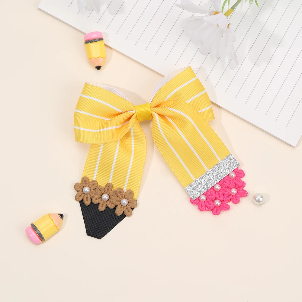 1/2Pcs Flower Pencil Bow Hair Clips Cute Sweet Back To School Ribbon Hairpins Hair Accessories For Girls Kids Daily Headwear