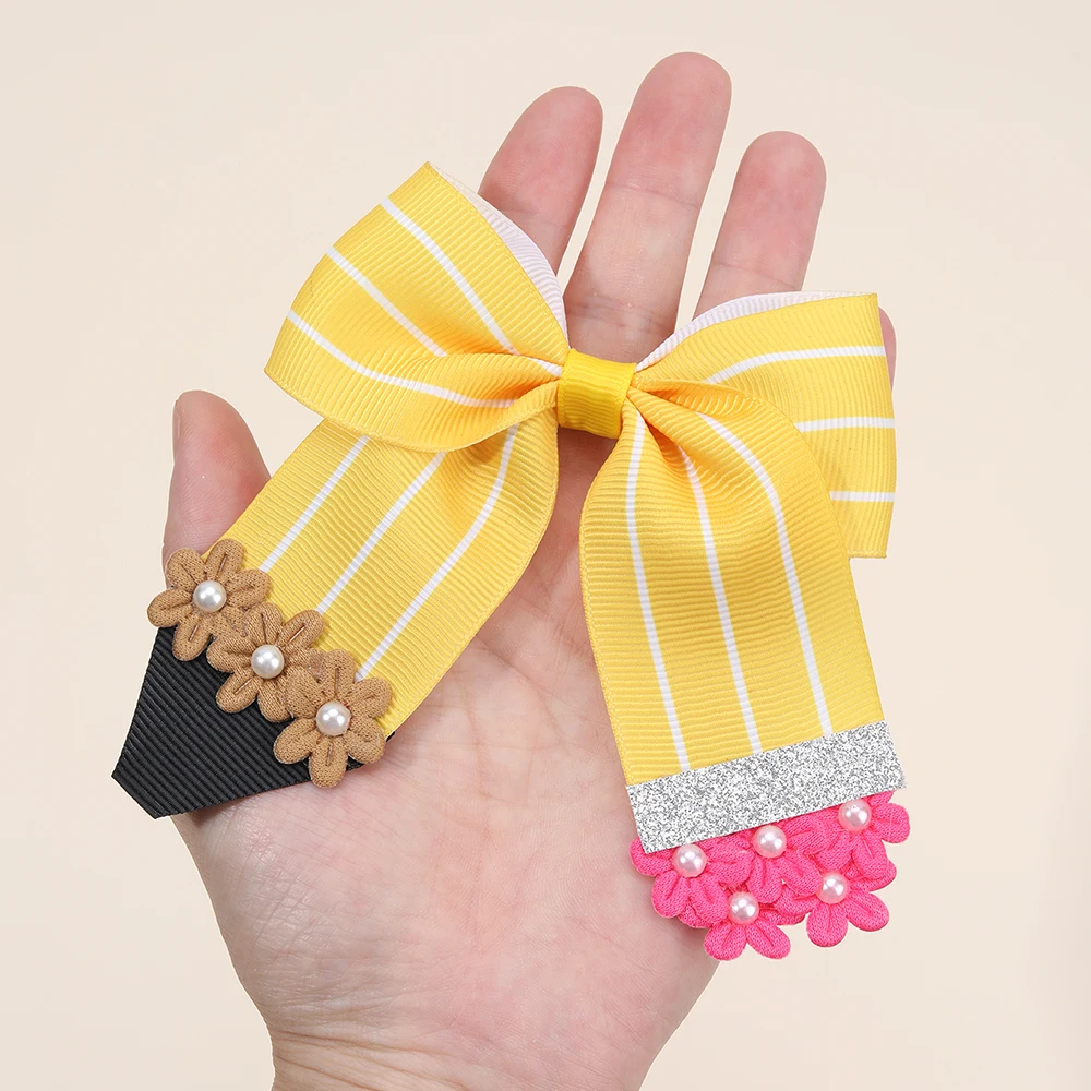 1/2Pcs Flower Pencil Bow Hair Clips Cute Sweet Back To School Ribbon Hairpins Hair Accessories For Girls Kids Daily Headwear