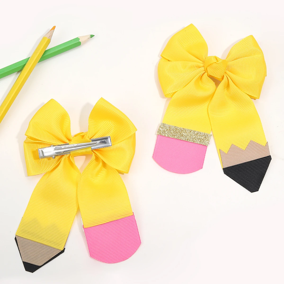 1/2Pcs Flower Pencil Bow Hair Clips Cute Sweet Back To School Ribbon Hairpins Hair Accessories For Girls Kids Daily Headwear