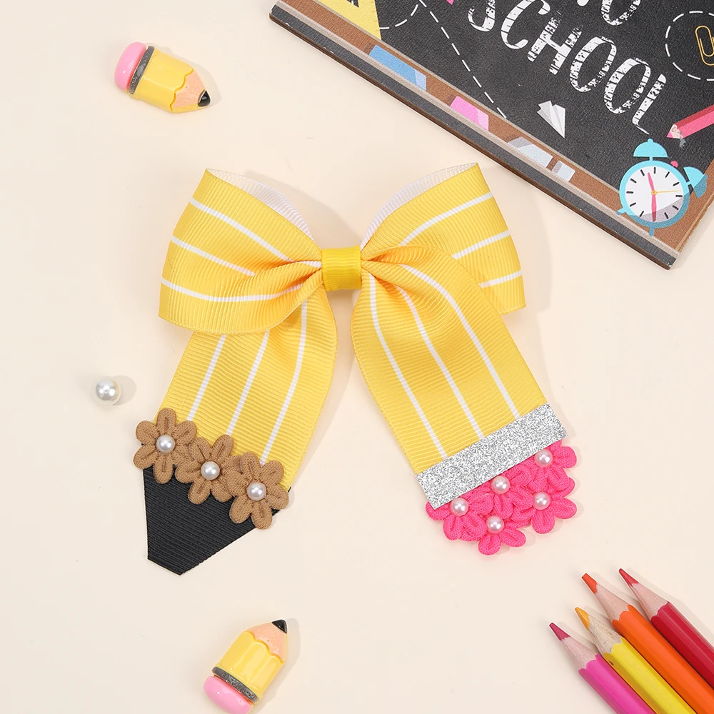 1/2Pcs Flower Pencil Bow Hair Clips Cute Sweet Back To School Ribbon Hairpins Hair Accessories For Girls Kids Daily Headwear
