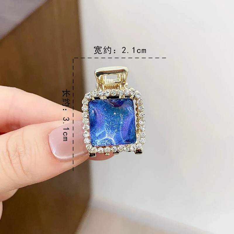 Fantasy Ocean Blue Resin Square Rhinestone Hair Claw Small Size Exquisite Metal Side Bang Clip Cute Hair Clip Hair Accessories