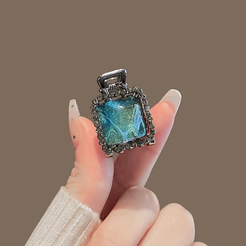 Fantasy Ocean Blue Resin Square Rhinestone Hair Claw Small Size Exquisite Metal Side Bang Clip Cute Hair Clip Hair Accessories