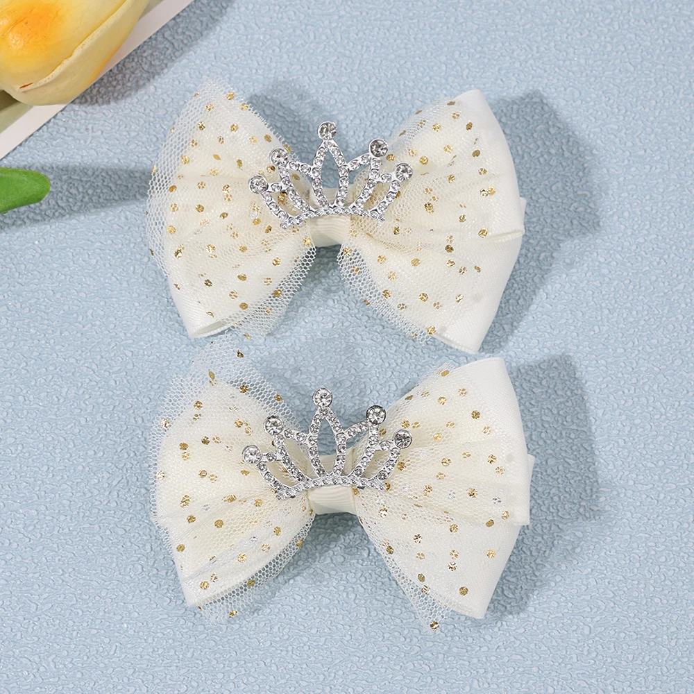 2Pcs Trendy Crown Bow Hair Clips For Girls Sweet Dot Mesh Fluffy Bownot Hairpins Children School Cute Headwear Hair Accessories