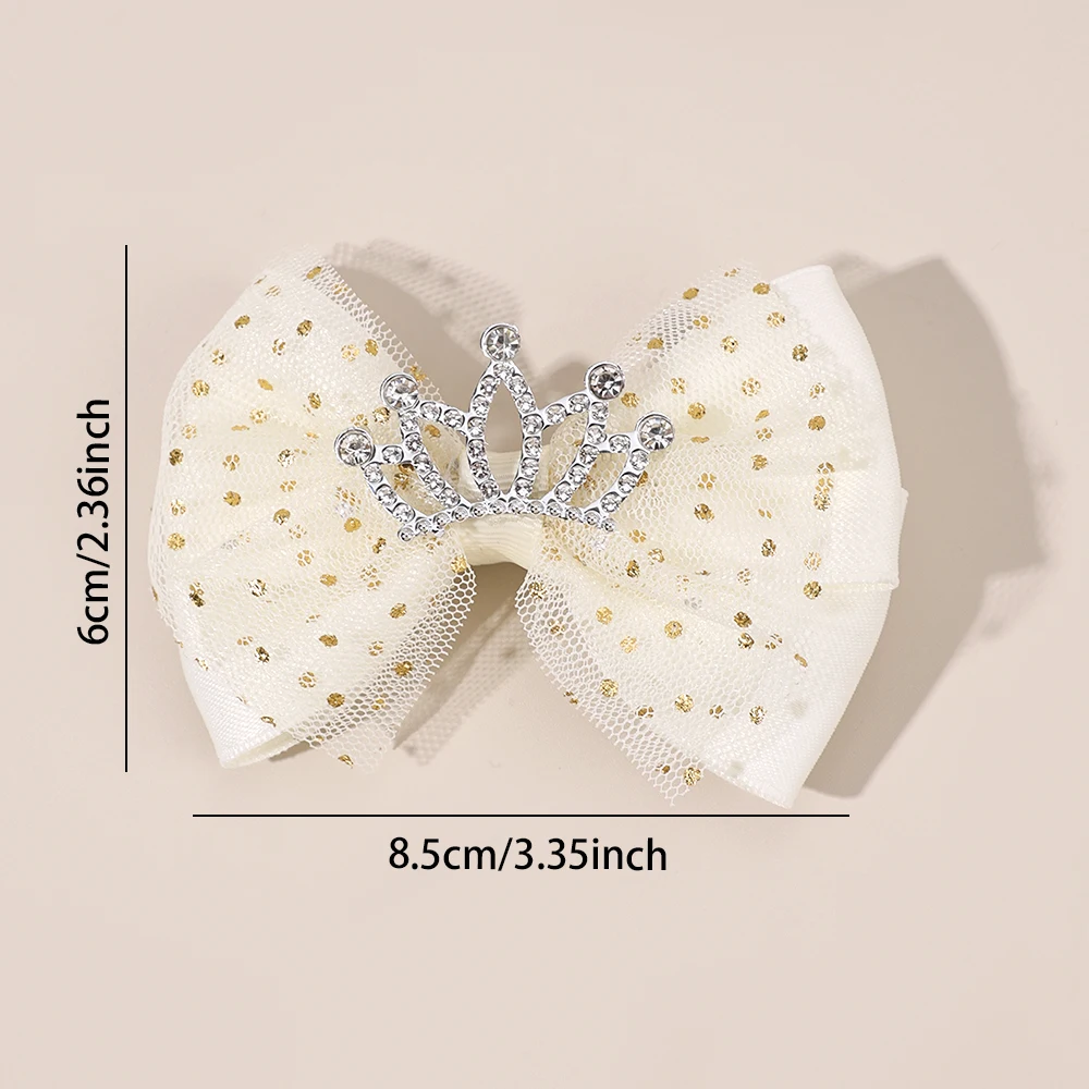 2Pcs Trendy Crown Bow Hair Clips For Girls Sweet Dot Mesh Fluffy Bownot Hairpins Children School Cute Headwear Hair Accessories