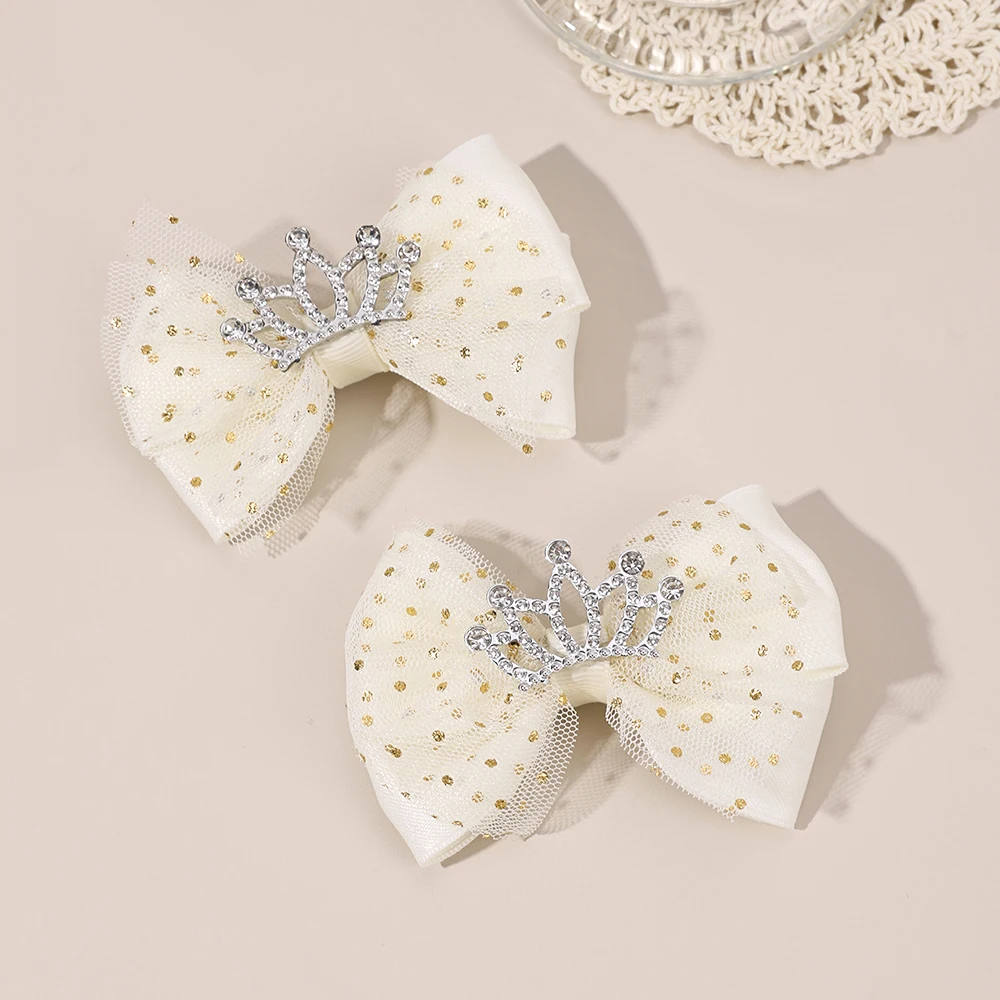 2Pcs Trendy Crown Bow Hair Clips For Girls Sweet Dot Mesh Fluffy Bownot Hairpins Children School Cute Headwear Hair Accessories