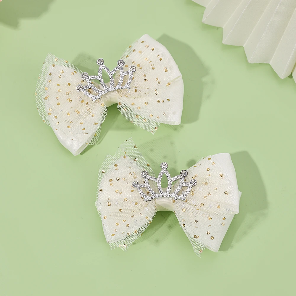 2Pcs Trendy Crown Bow Hair Clips For Girls Sweet Dot Mesh Fluffy Bownot Hairpins Children School Cute Headwear Hair Accessories