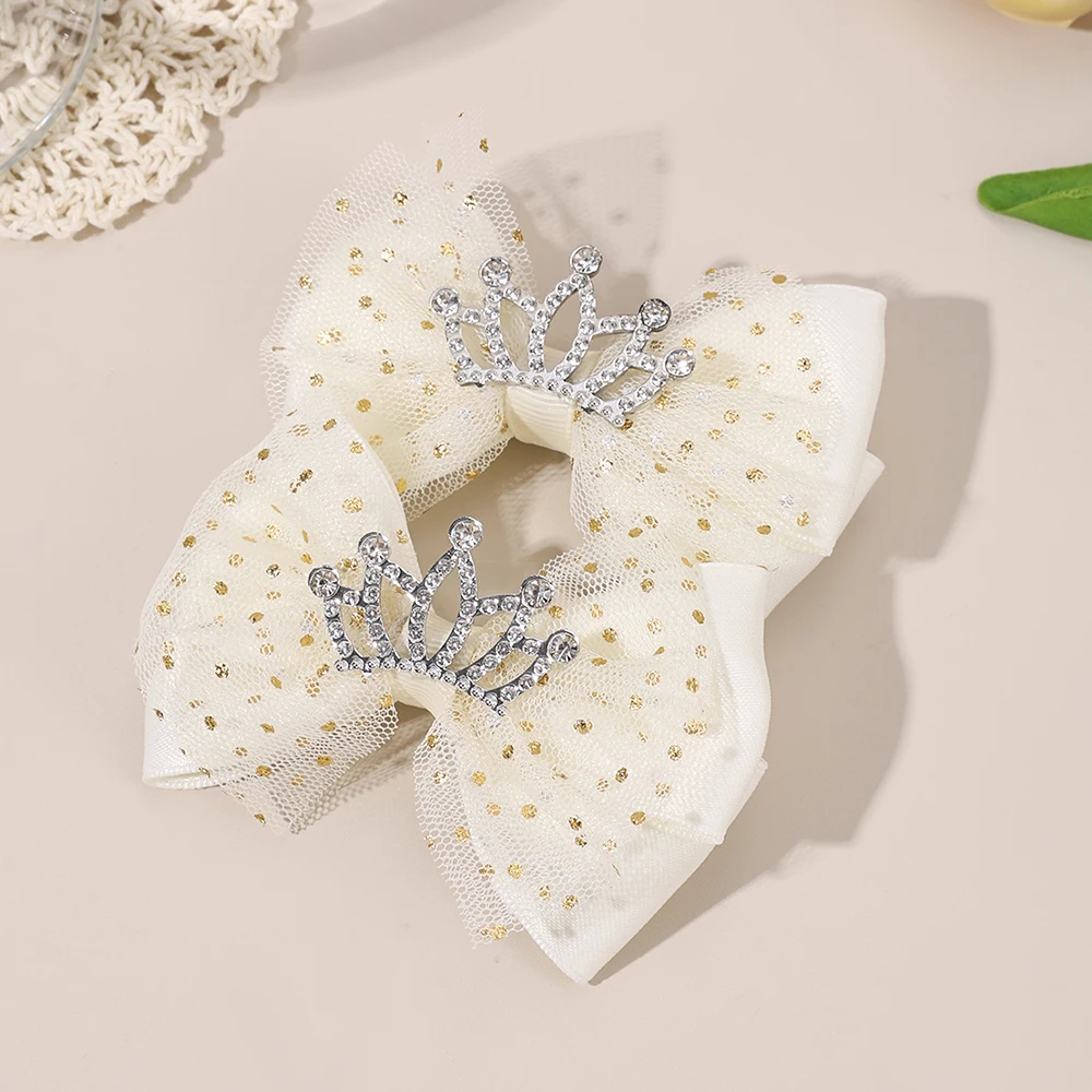 2Pcs Trendy Crown Bow Hair Clips For Girls Sweet Dot Mesh Fluffy Bownot Hairpins Children School Cute Headwear Hair Accessories