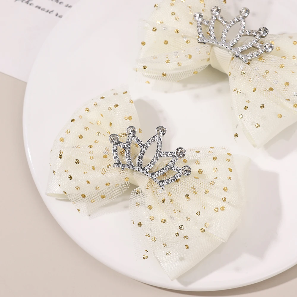 2Pcs Trendy Crown Bow Hair Clips For Girls Sweet Dot Mesh Fluffy Bownot Hairpins Children School Cute Headwear Hair Accessories