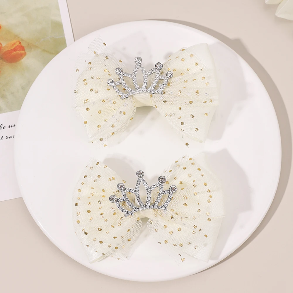 2Pcs Trendy Crown Bow Hair Clips For Girls Sweet Dot Mesh Fluffy Bownot Hairpins Children School Cute Headwear Hair Accessories