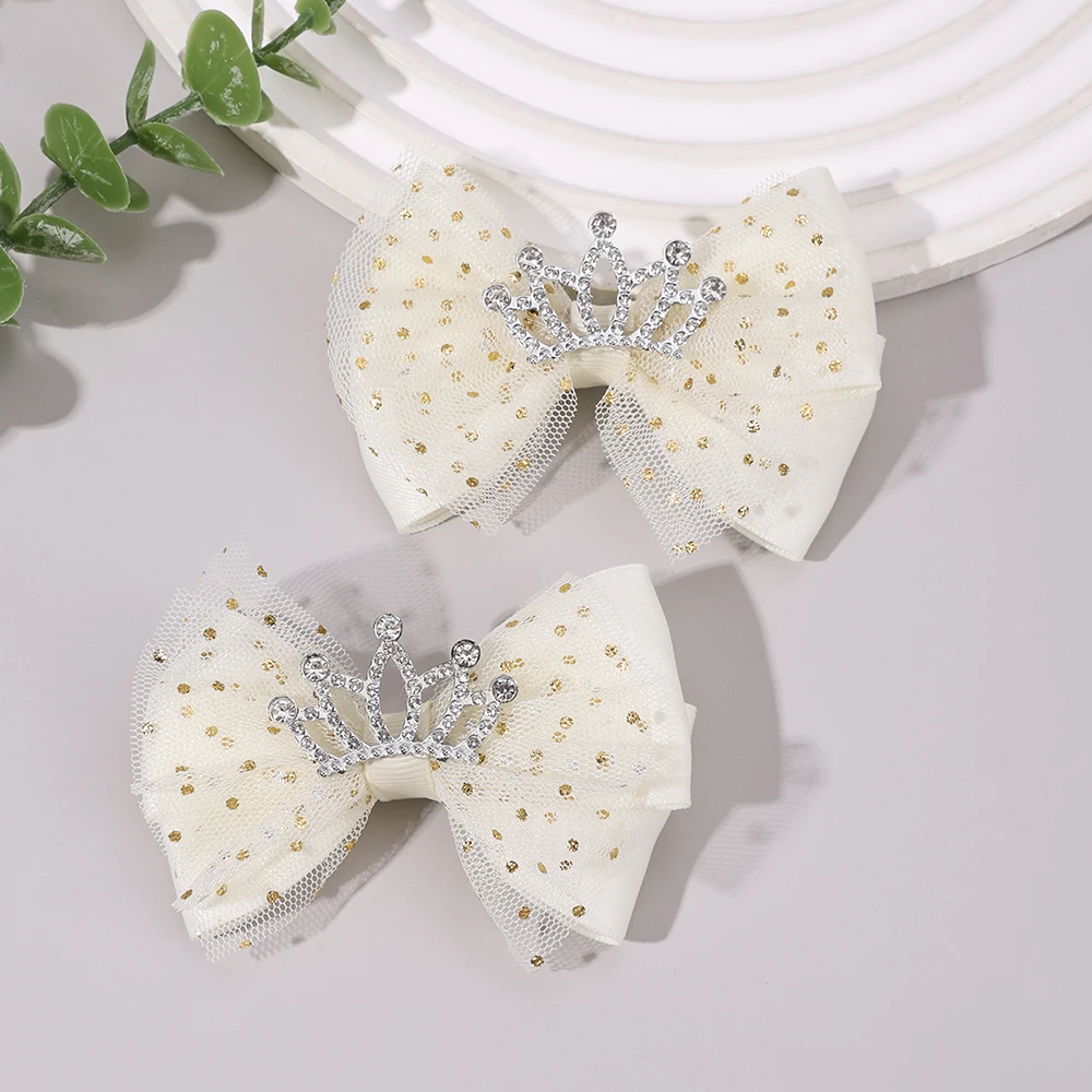 2Pcs Trendy Crown Bow Hair Clips For Girls Sweet Dot Mesh Fluffy Bownot Hairpins Children School Cute Headwear Hair Accessories