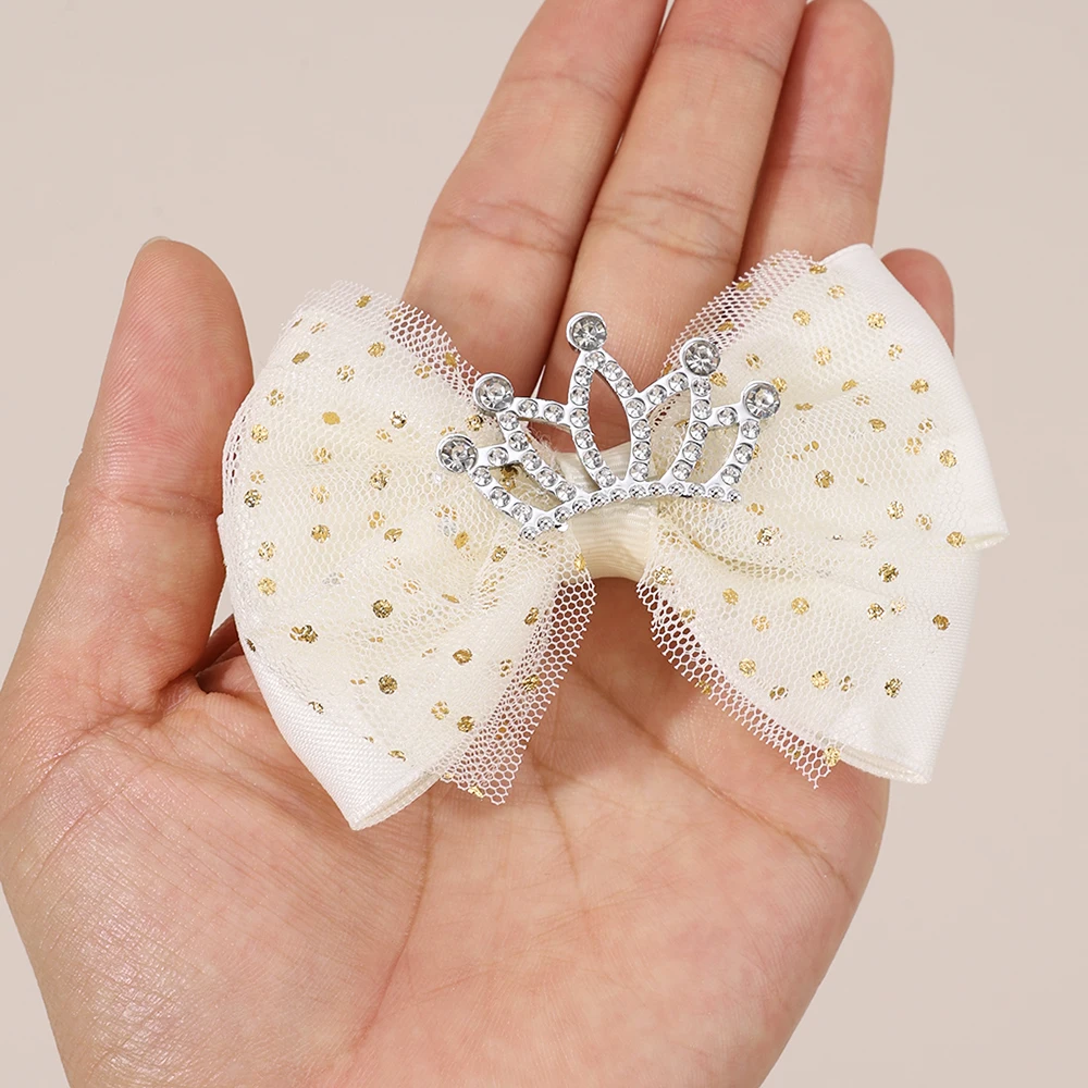 2Pcs Trendy Crown Bow Hair Clips For Girls Sweet Dot Mesh Fluffy Bownot Hairpins Children School Cute Headwear Hair Accessories