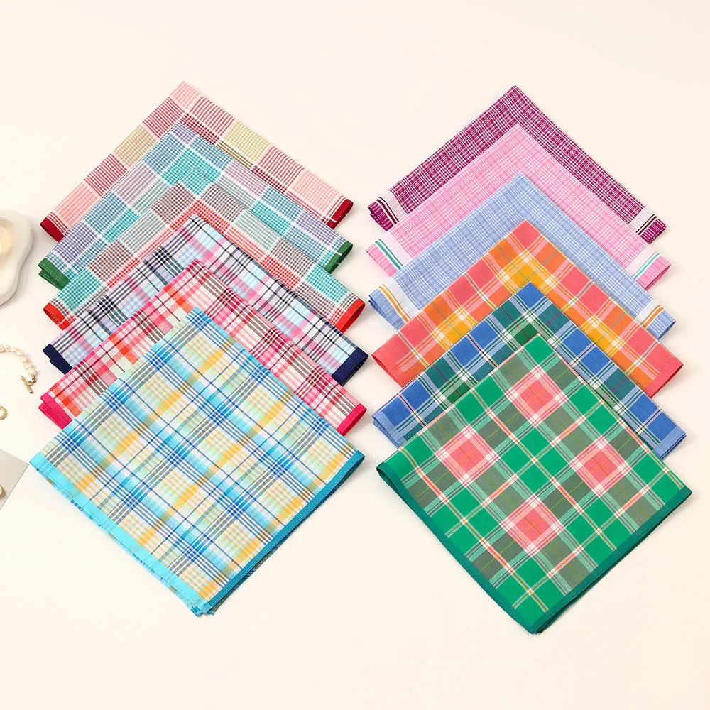 3Pcs Women's Pure Cotton Plaid Handkerchief Contrasting Color Matching Thin Wipe Soft Sweat Hand Towel 43cm