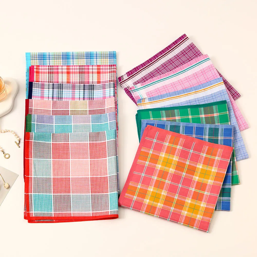 3Pcs Women's Pure Cotton Plaid Handkerchief Contrasting Color Matching Thin Wipe Soft Sweat Hand Towel 43cm