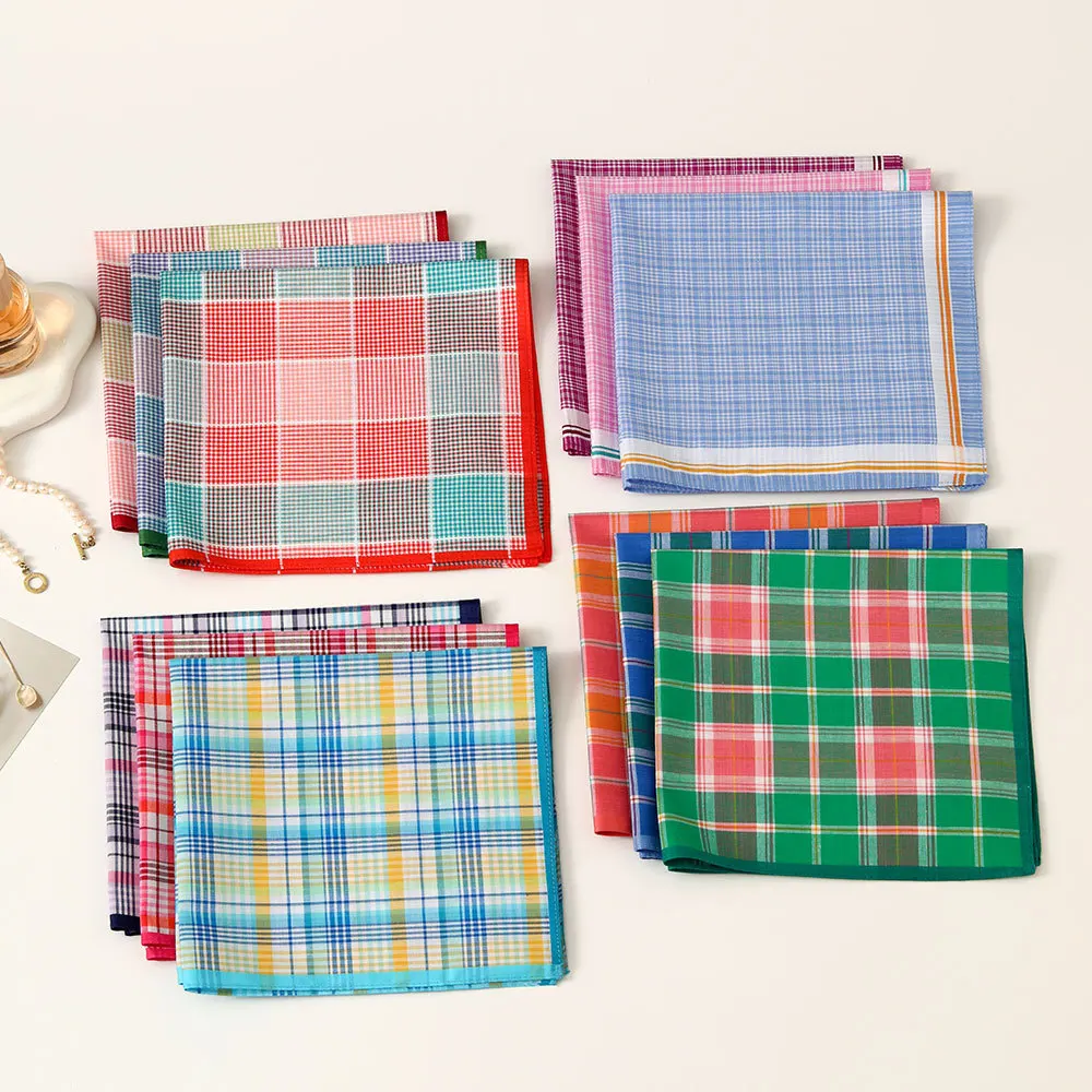 3Pcs Women's Pure Cotton Plaid Handkerchief Contrasting Color Matching Thin Wipe Soft Sweat Hand Towel 43cm