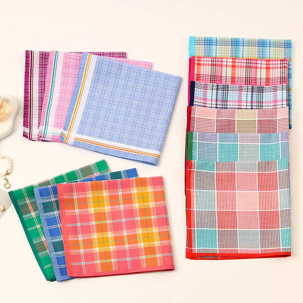 3Pcs Women's Pure Cotton Plaid Handkerchief Contrasting Color Matching Thin Wipe Soft Sweat Hand Towel 43cm