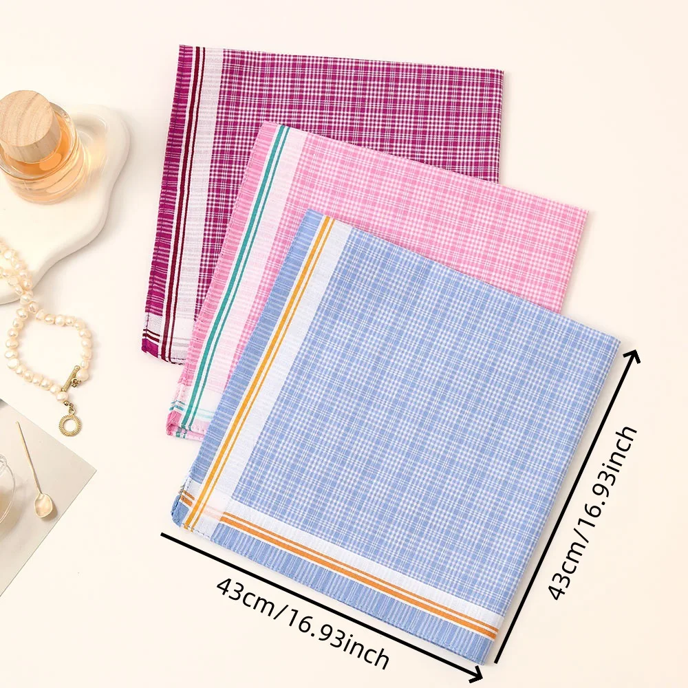 3Pcs Women's Pure Cotton Plaid Handkerchief Contrasting Color Matching Thin Wipe Soft Sweat Hand Towel 43cm