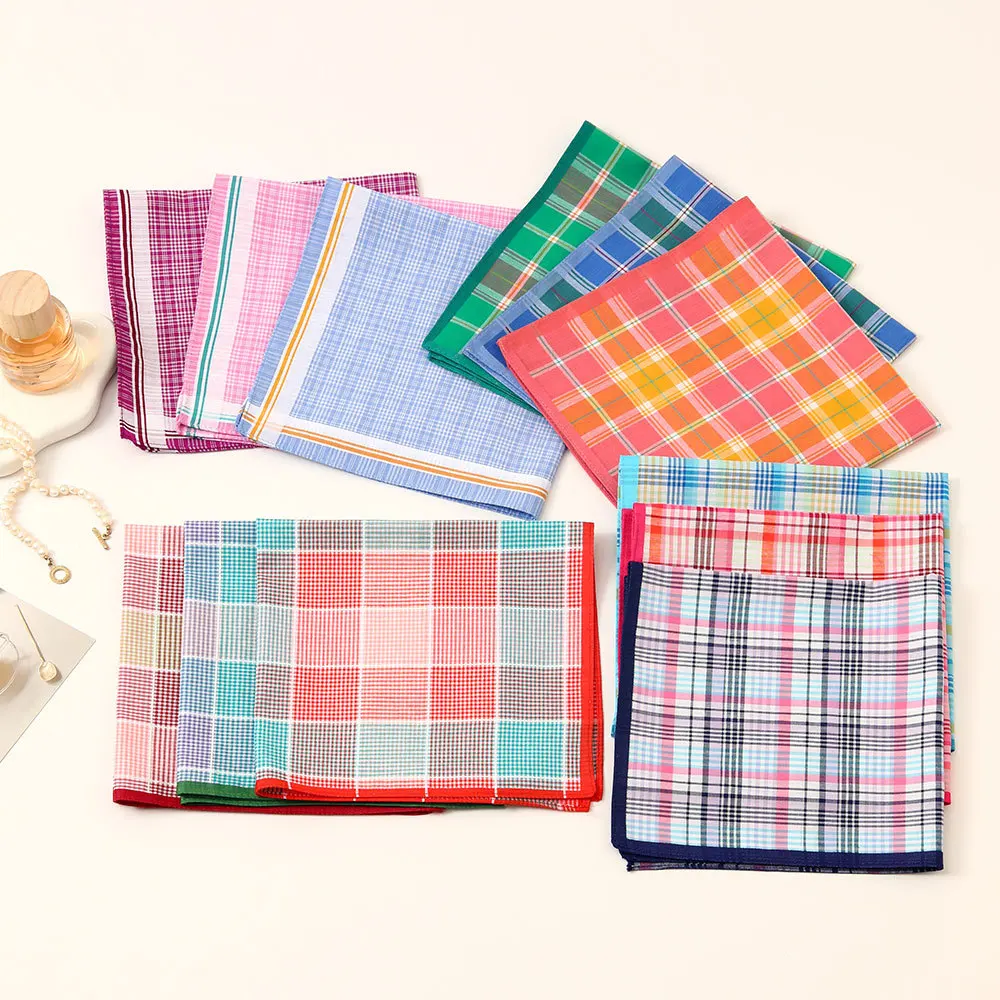 3Pcs Women's Pure Cotton Plaid Handkerchief Contrasting Color Matching Thin Wipe Soft Sweat Hand Towel 43cm