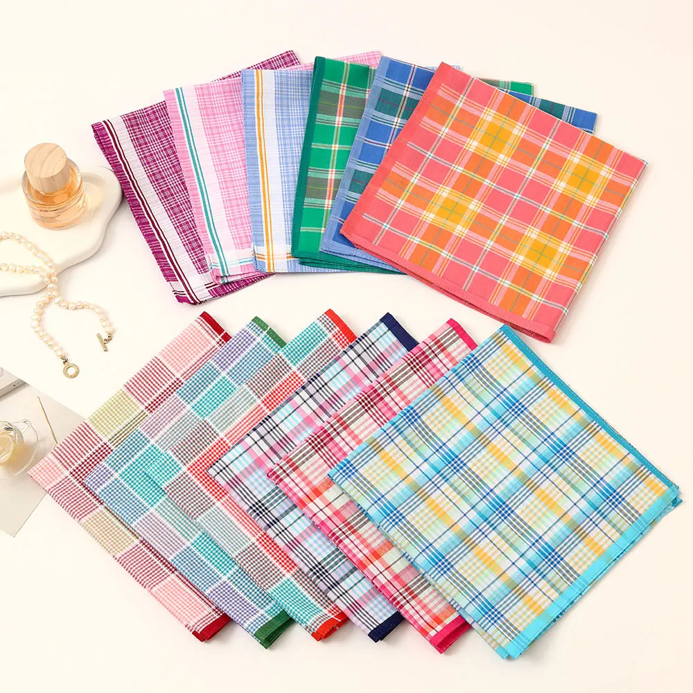 3Pcs Women's Pure Cotton Plaid Handkerchief Contrasting Color Matching Thin Wipe Soft Sweat Hand Towel 43cm