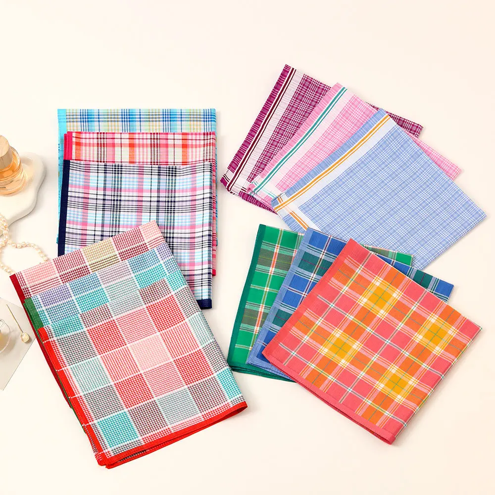 3Pcs Women's Pure Cotton Plaid Handkerchief Contrasting Color Matching Thin Wipe Soft Sweat Hand Towel 43cm