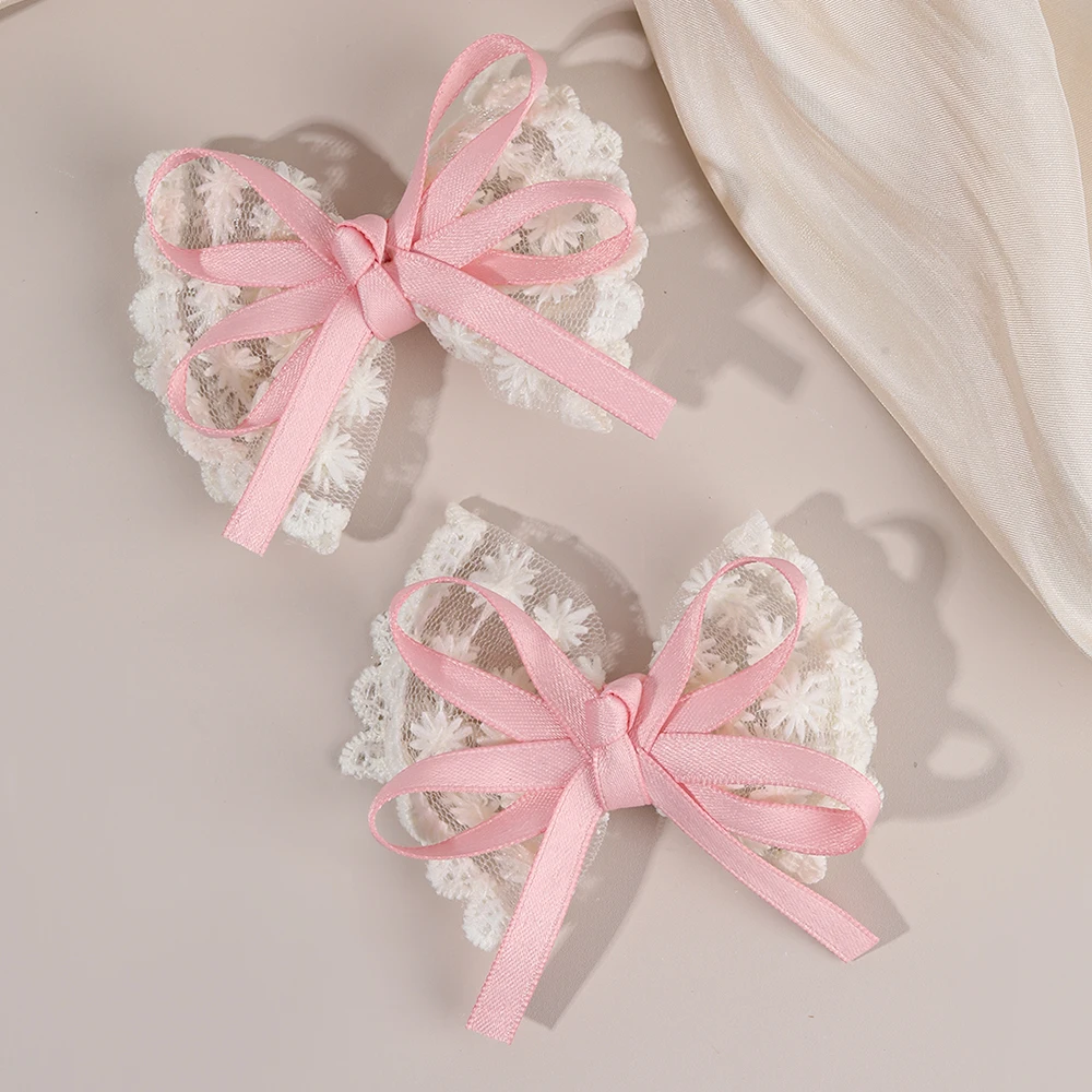 2Pcs New Flower Lace Bow Hair Clips For Girls Sweet Floral Embroidered Ribbon Hairpins Children Trendy Headwear Hair Accessories