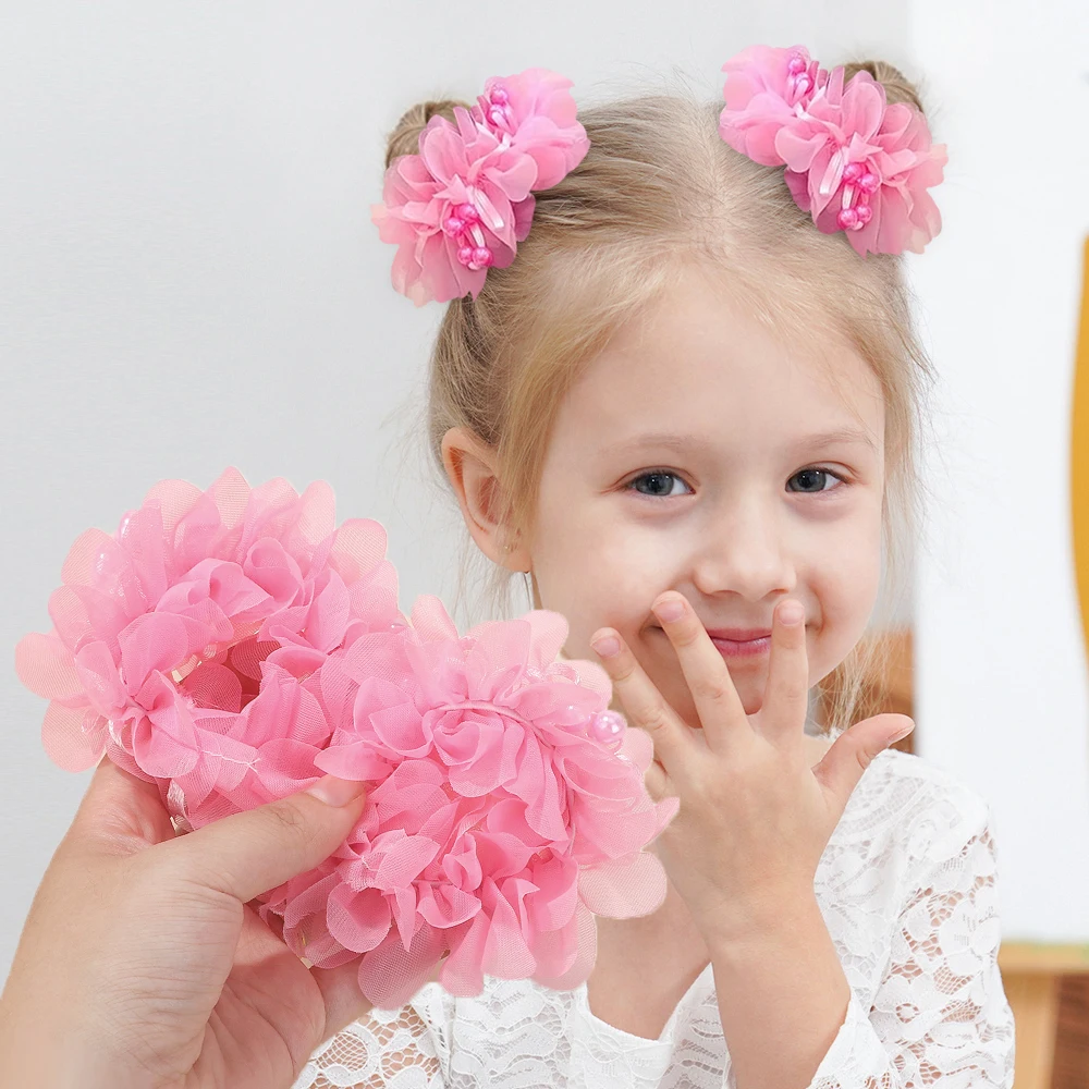 2Pcs Glirs Cute and Sweet Chiffon Flowers Headband Hair Accessories with Elastic Bands Colorful Beads Hair Bands Holiday Gifts