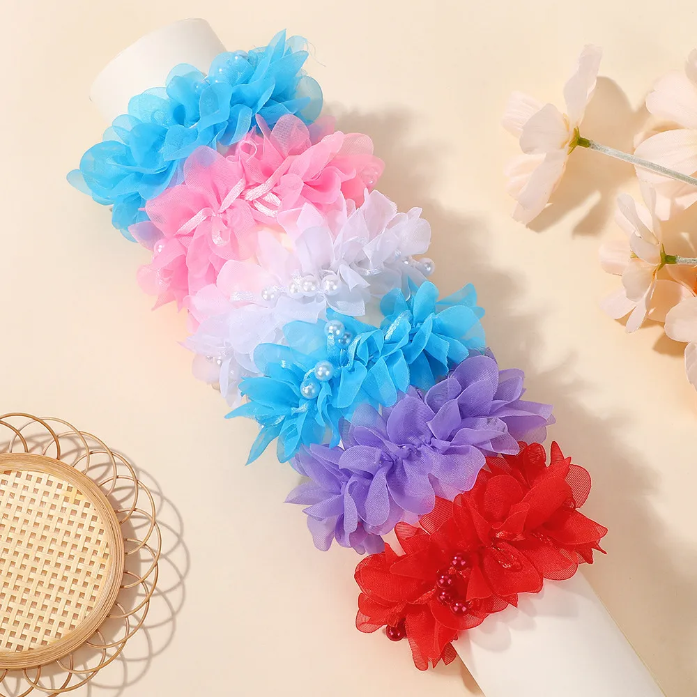 2Pcs Glirs Cute and Sweet Chiffon Flowers Headband Hair Accessories with Elastic Bands Colorful Beads Hair Bands Holiday Gifts