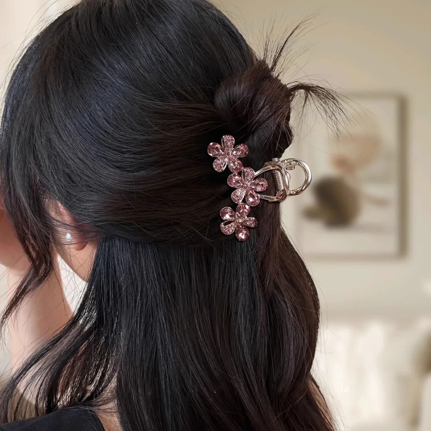 Exquisite Purple Rhinestone Flower Hair Clip High-end Women's Back of Head Half-tie Hair Grip Fashion Korean Hair Accessories