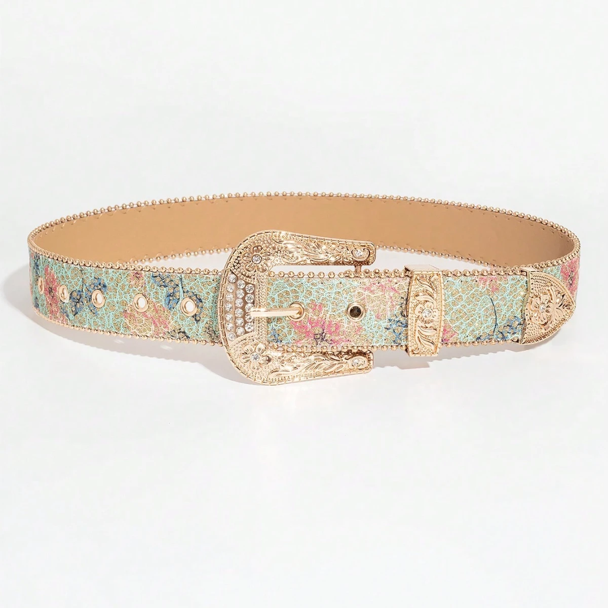1pc Women's Light Luxury Elegant Carved Metal Buckle Multi-color Flower Glitter Print Beaded Belt Jeans Belt