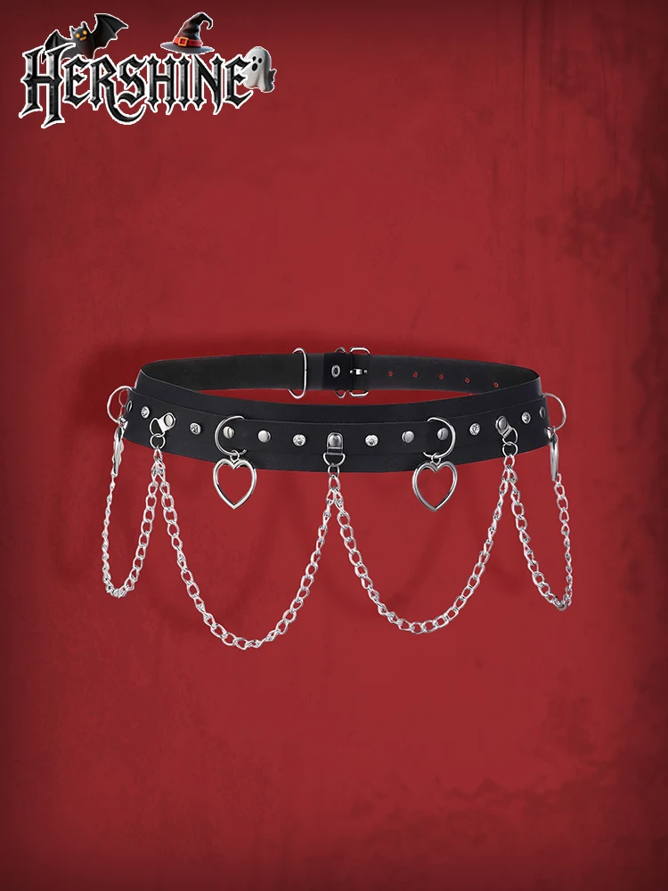 HERSHINE Women's Black Fashion Heart-Shaped Chain Studded Wide Belt, Y2K Gothic Punk Harajuku Rock Hip Hop Style，spring，summer
