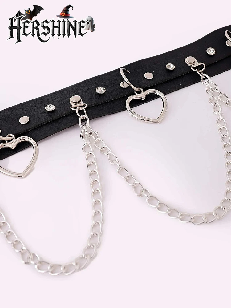 HERSHINE Women's Black Fashion Heart-Shaped Chain Studded Wide Belt, Y2K Gothic Punk Harajuku Rock Hip Hop Style，spring，summer