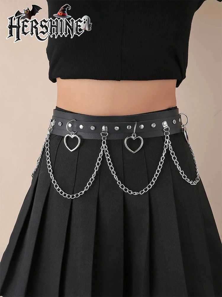 HERSHINE Women's Black Fashion Heart-Shaped Chain Studded Wide Belt, Y2K Gothic Punk Harajuku Rock Hip Hop Style，spring，summer