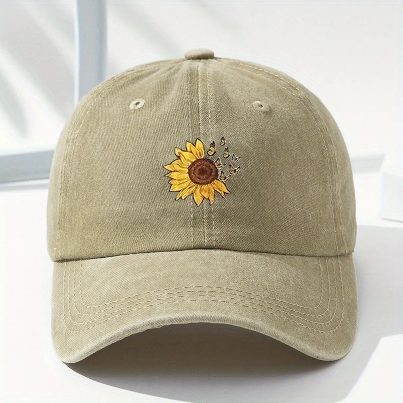 Sunflower printed baseball cap with adjustable retro washed soft top cap suitable for both men and women for outdoor leisure