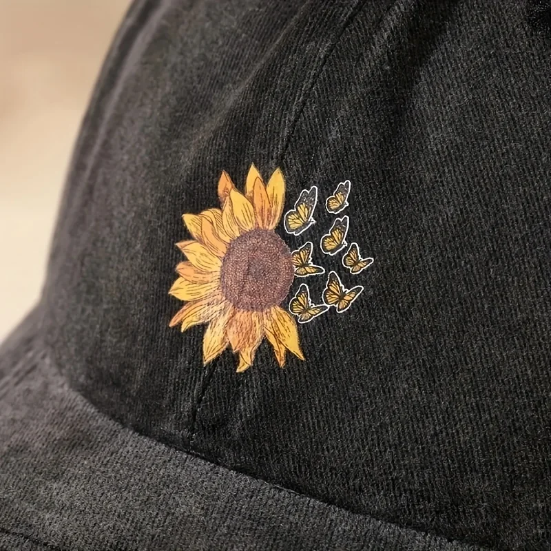Sunflower printed baseball cap with adjustable retro washed soft top cap suitable for both men and women for outdoor leisure