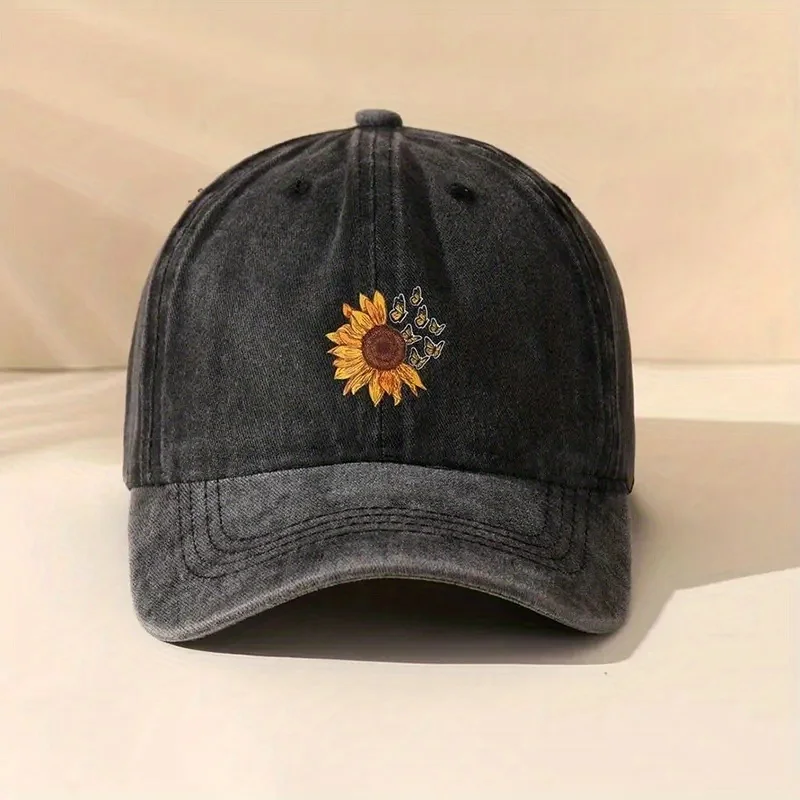 Sunflower printed baseball cap with adjustable retro washed soft top cap suitable for both men and women for outdoor leisure