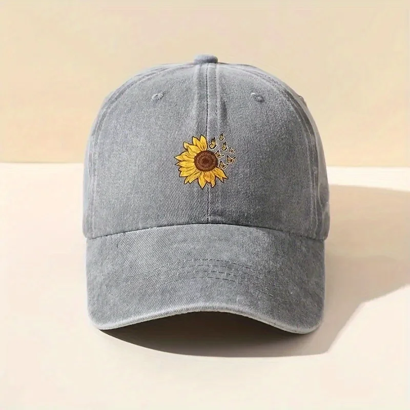 Sunflower printed baseball cap with adjustable retro washed soft top cap suitable for both men and women for outdoor leisure