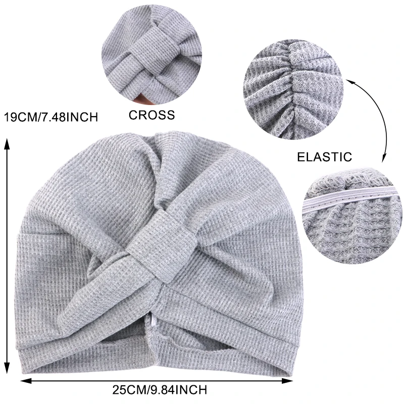 New Women's Cotton Thickened Waffle Square Knotted Turban Head Wrap Cancer Chemo Beanies Cap Headwear Cap Bonnet Hair Loss Hat