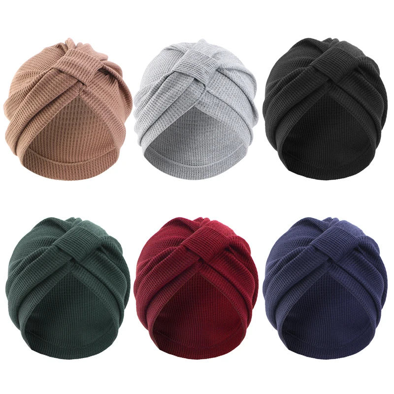New Women's Cotton Thickened Waffle Square Knotted Turban Head Wrap Cancer Chemo Beanies Cap Headwear Cap Bonnet Hair Loss Hat