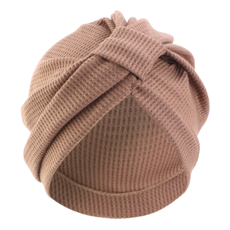 New Women's Cotton Thickened Waffle Square Knotted Turban Head Wrap Cancer Chemo Beanies Cap Headwear Cap Bonnet Hair Loss Hat