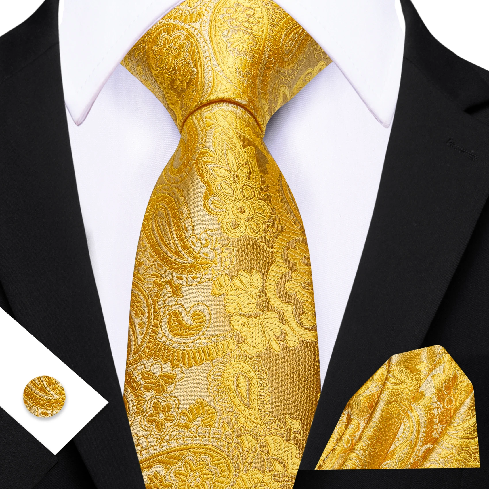 Mens Tie Yellow Golden Black Red Floral Ties Hanky Cufflinks Set Necktie Formal Wedding Dinner Party Gift