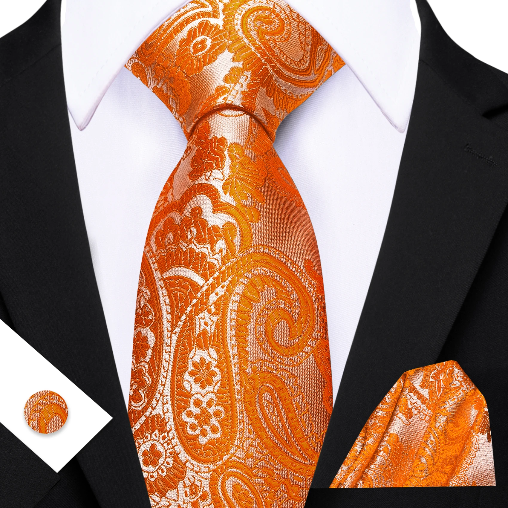 Mens Tie Yellow Golden Black Red Floral Ties Hanky Cufflinks Set Necktie Formal Wedding Dinner Party Gift