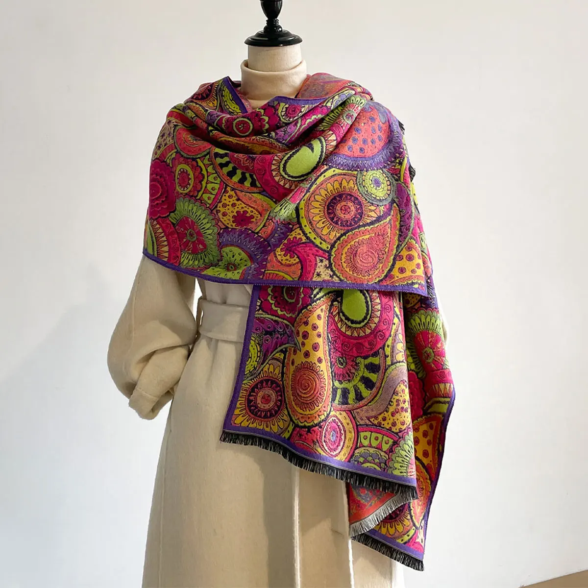 Luxury Winter Cashmere Colorful Kitten Design Scarf Women Warm Pashmina Blanket Poncho Scarves Female Oil painting Shawl Bufanda