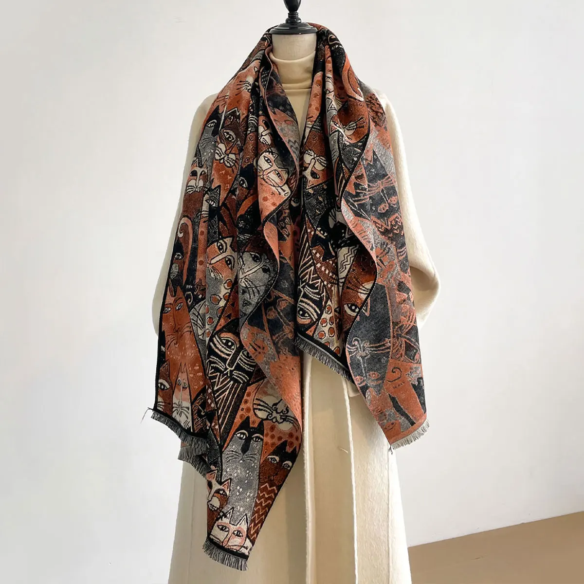 Luxury Winter Cashmere Colorful Kitten Design Scarf Women Warm Pashmina Blanket Poncho Scarves Female Oil painting Shawl Bufanda